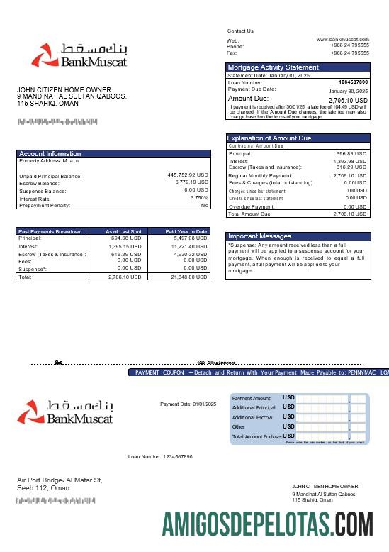 Extrato de hipoteca do Omani Bank Muscat em formatos Word e PDF exemplo